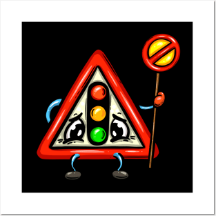 Traffic Lights Driving Test Warning Traffic Road Sign Cartoon Character Posters and Art